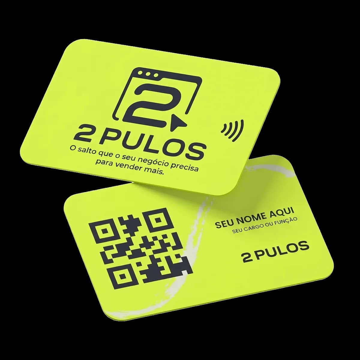 Cartões NFC da 2 Pulos em PVC verde-limão, com logo, QR Code e símbolo de aproximação